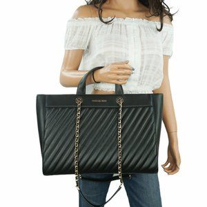 Michael Kors Rose LG EW Quilted Vegan Leather Shoulder Tote Bag Black/Gold